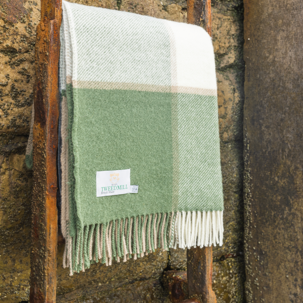 Tweedmill Block Check Pure New Wool Throw, Olive