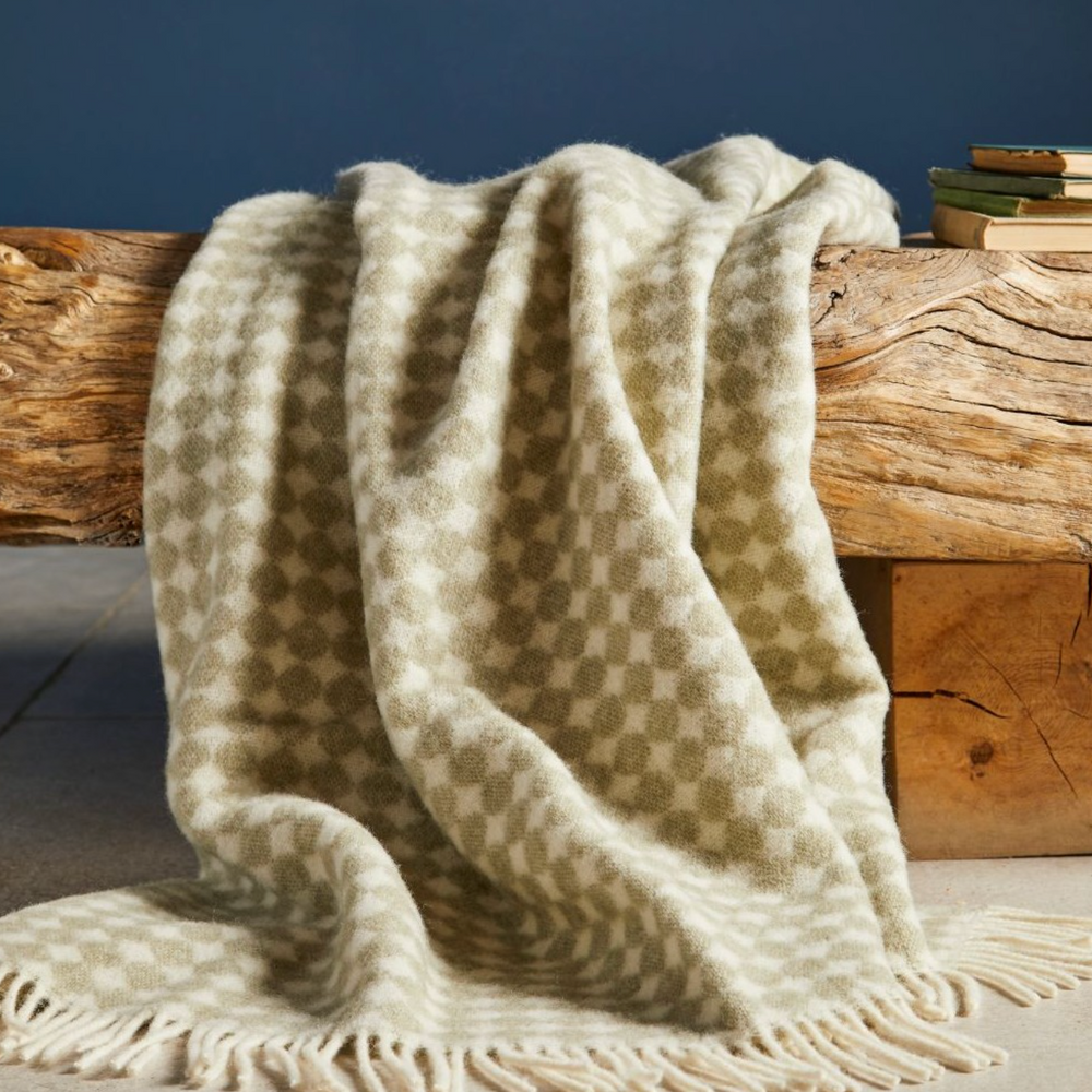Tweedmill Jacquard Spot Pure New Wool Reversible Throw, Sage