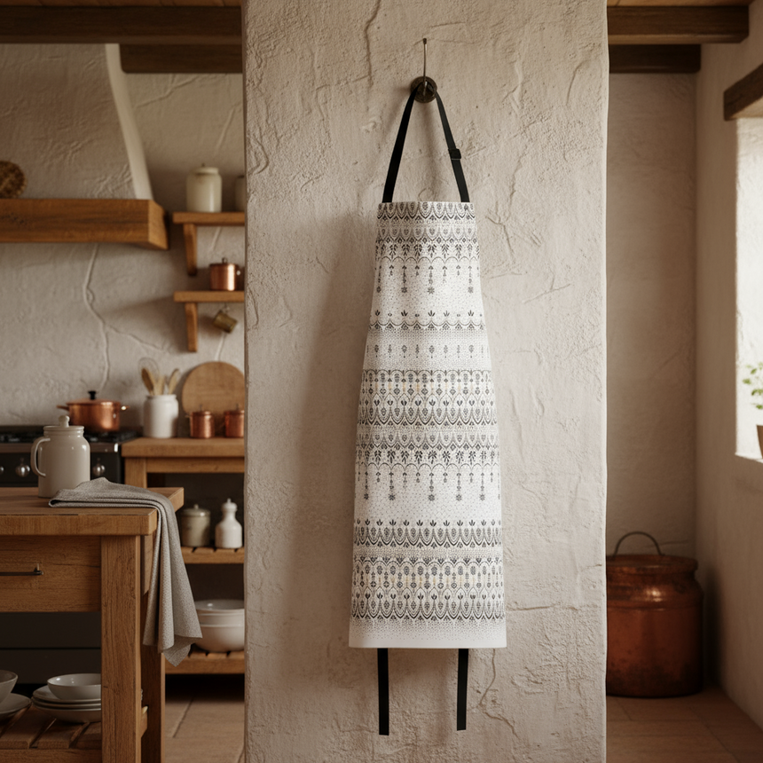 A white apron with a black mandala inspired geometric pattern and adjustable neck straps.