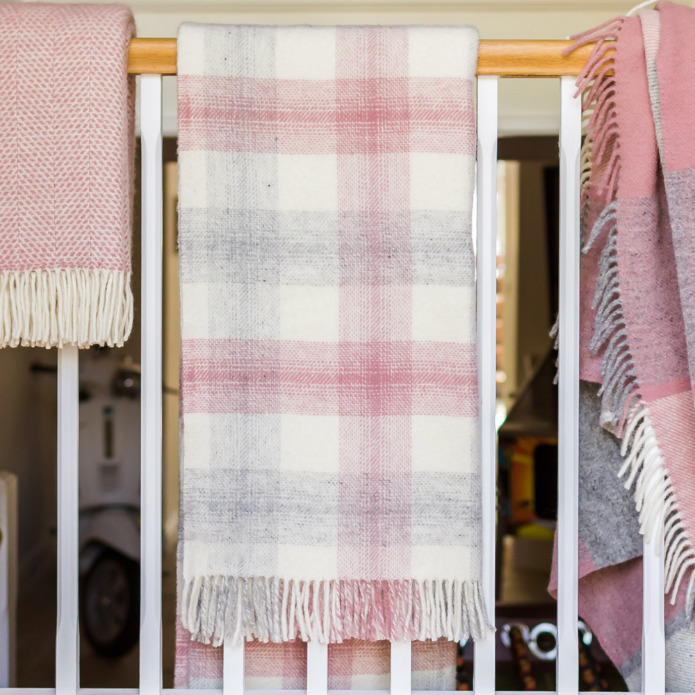 Tweedmill Meadow Check Pure New Wool Throw, Dusty Pink
