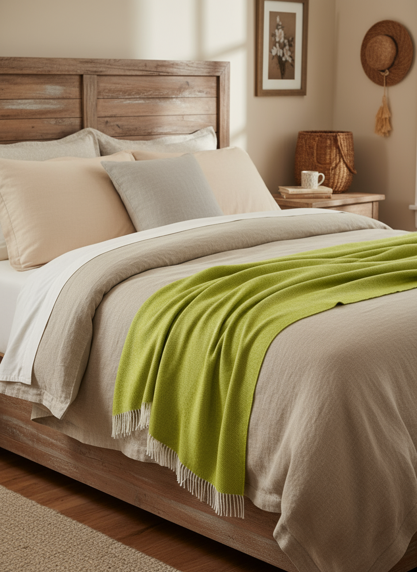 Bronte By Moon Herringbone Shetland Wool Throw, Lime