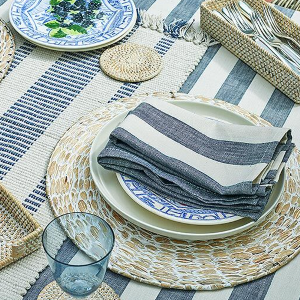 Walton & Co Wide Stripe Cotton Tablecloth, Flint Blue