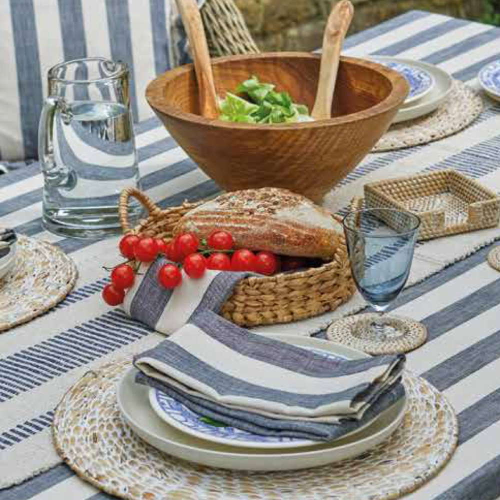 Walton & Co Wide Stripe Cotton Tablecloth, Flint Blue