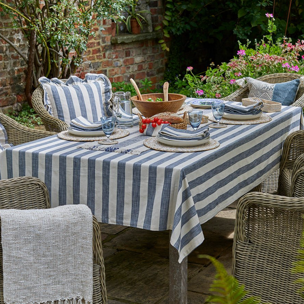 Walton & Co Wide Stripe Cotton Tablecloth, Flint Blue