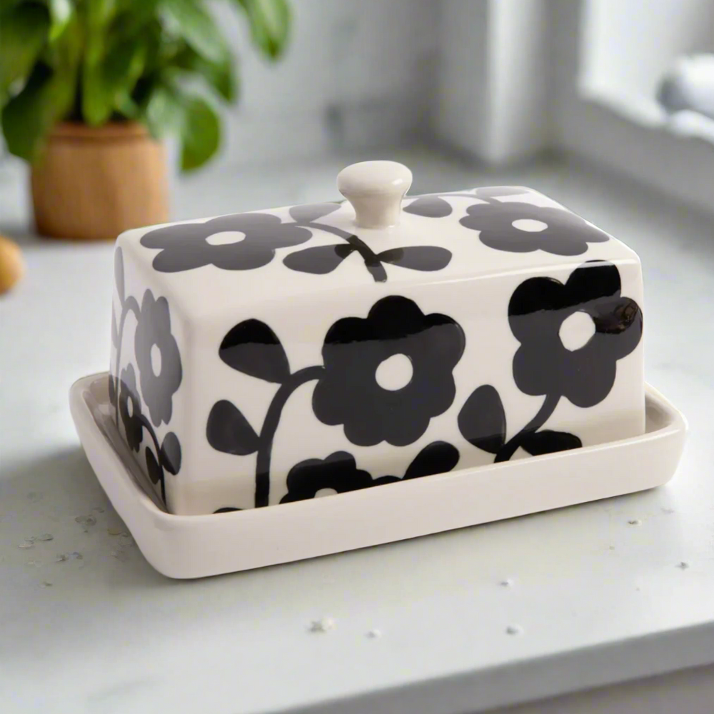 Caroline Gardner Monochrome Flowers Butter Dish
