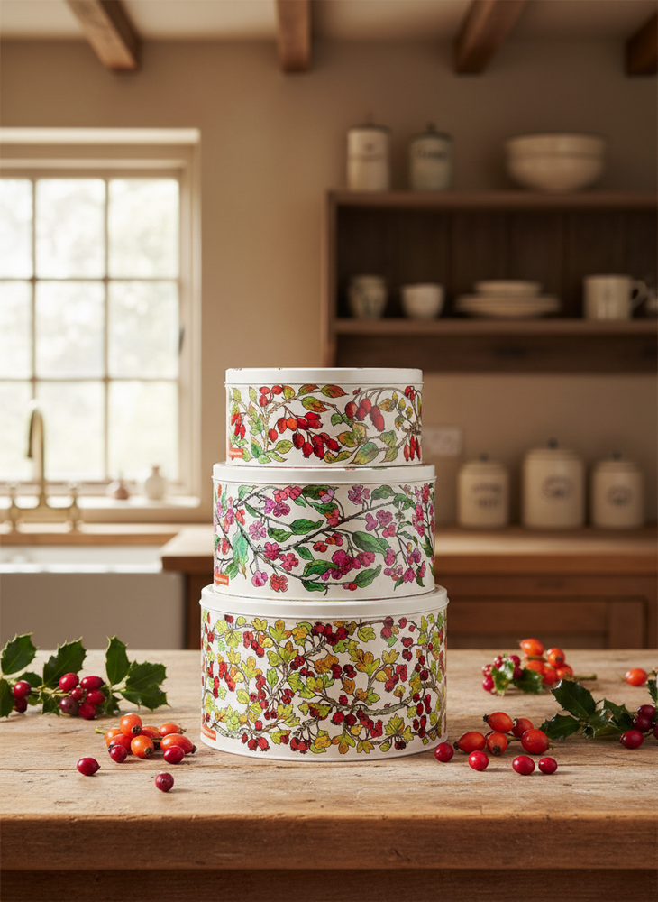 Set of three decorative containers with floral patterns on a white background