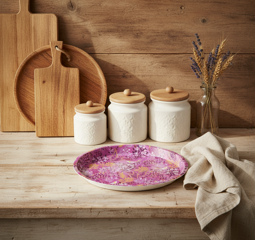 A round mini serving tray with a floral and bird pattern in gold, purple, and green on a white background, made from steel.