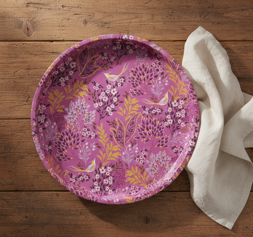 Mauve serving tray, with Songbird on exotic trees
