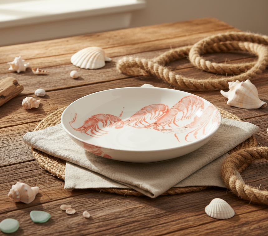 White ceramic plate with red lobster design on a white background