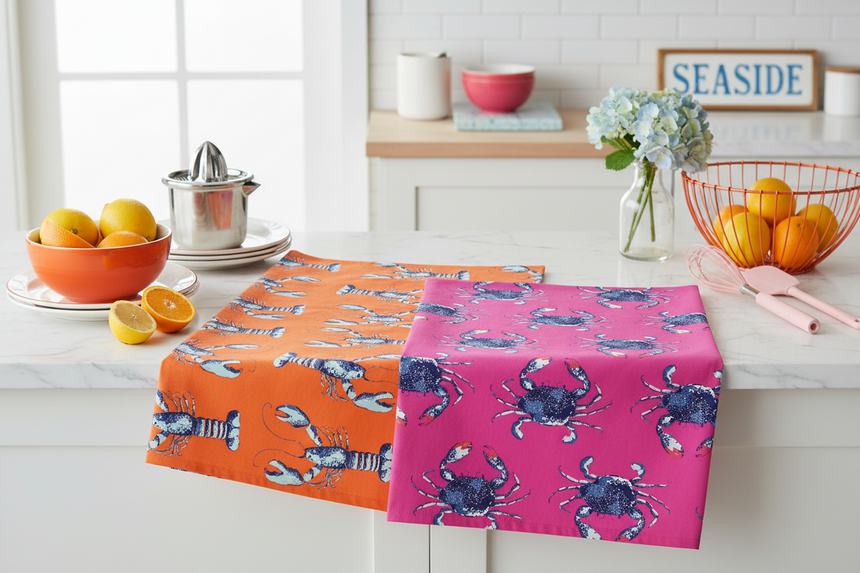 A set of two folded tea towels featuring a repeated pattern of lobsters and crabs on a bright orange and pink background.