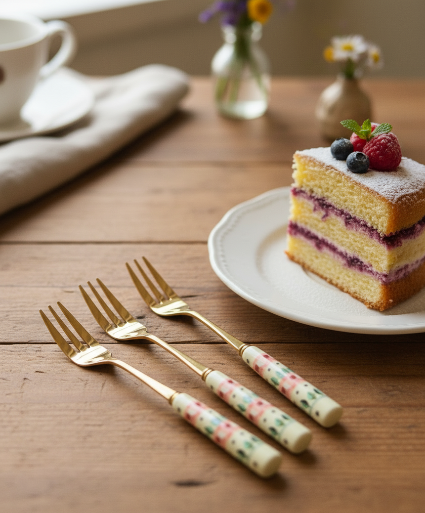 Set of four decorative forks with floral handles on a floral-patterned background