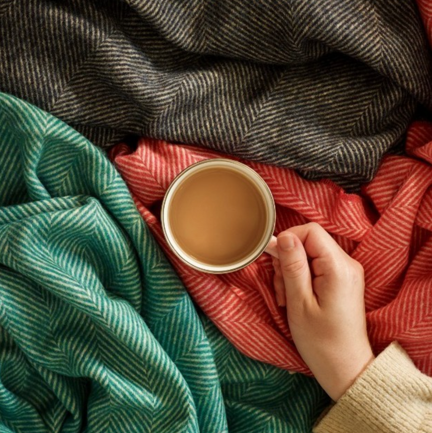 Bronte By Moon Herringbone Pure New Wool Throw, Red