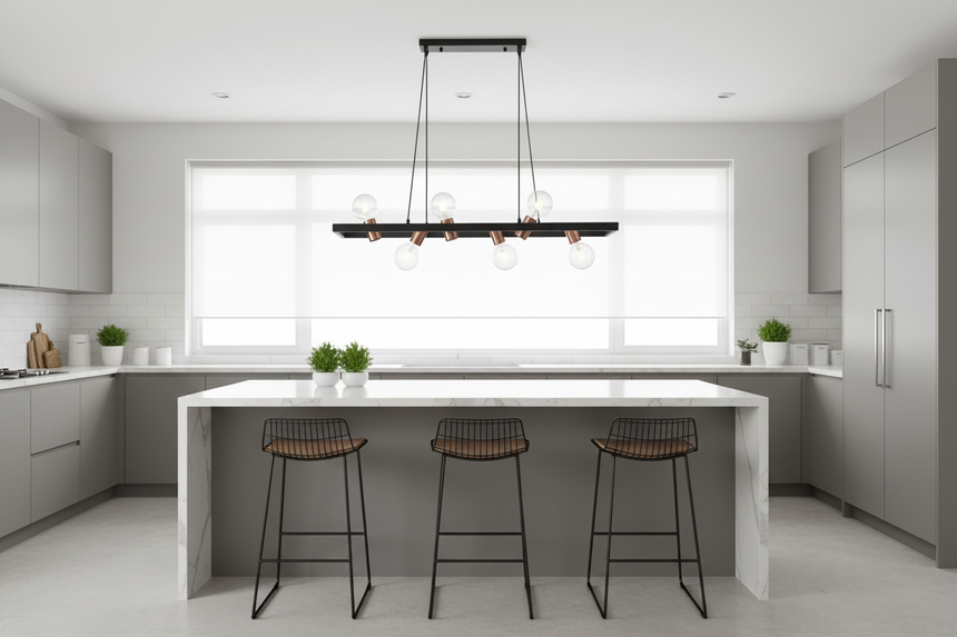 A contemporary black metal chandelier with six adjustable lamp holders, featuring clear glass globe bulbs.