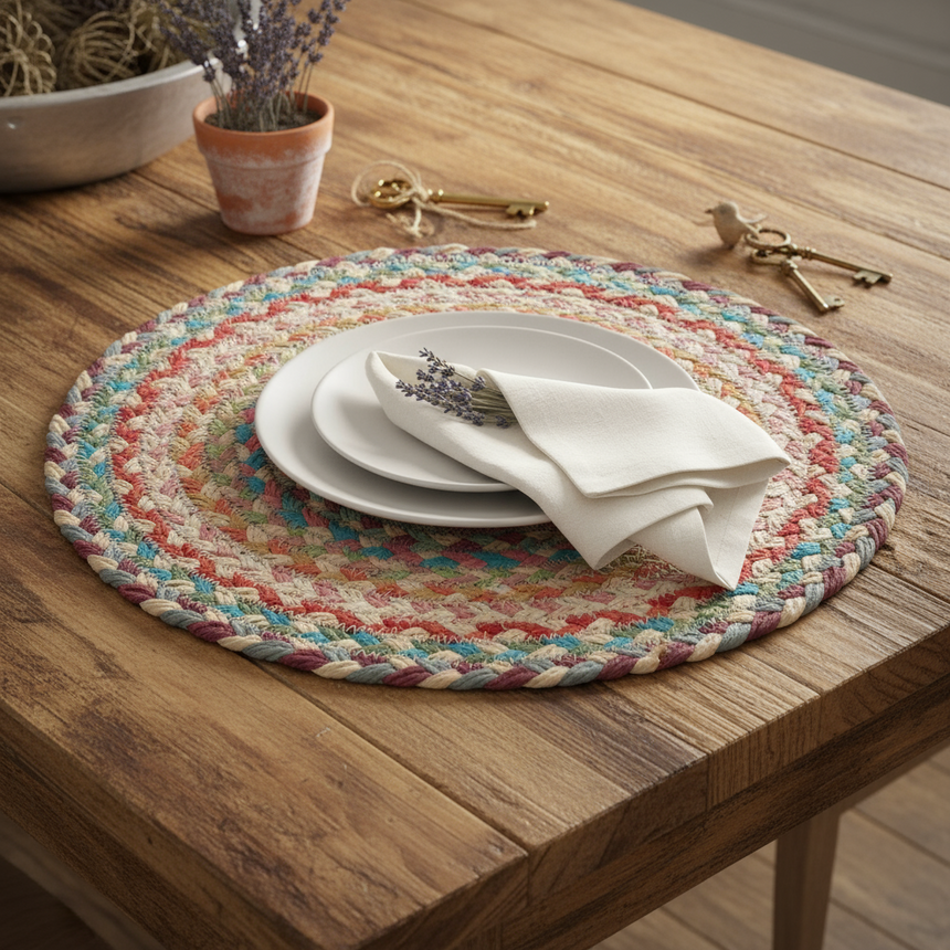 Round braided placemats with multicolor pattern on a white background