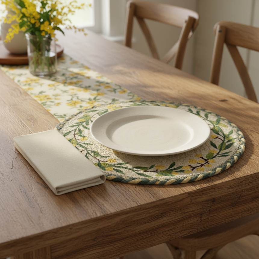 A round placemat with a yellow lemon design and green border, hand-woven from natural jute.