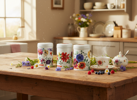 Set of three stainless steel storage canisters with colorful floral designs on the lids.