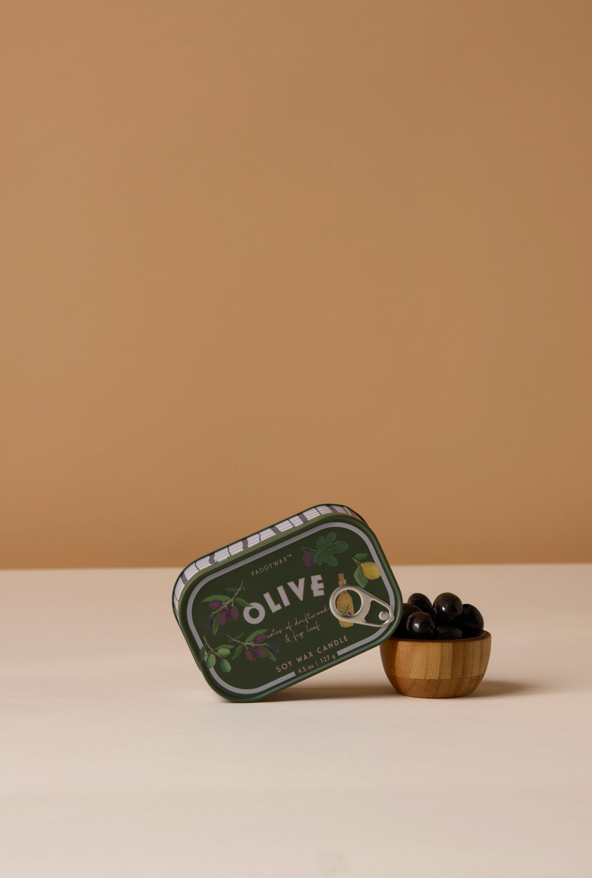 Paddywax Bistro Fig & Olive Tin Scented Candle, Driftwood & Fig Leaf