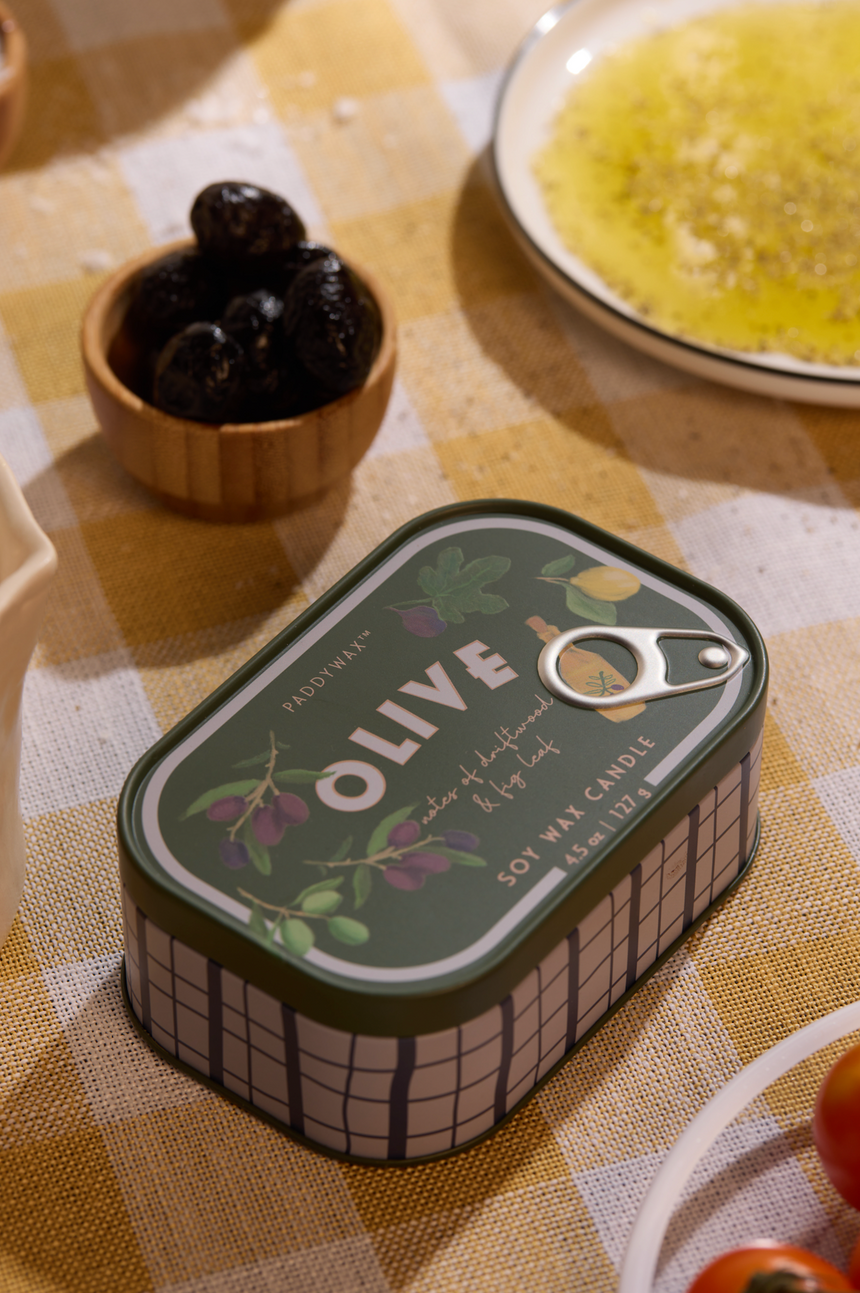 Paddywax Bistro Fig & Olive Tin Scented Candle, Driftwood & Fig Leaf