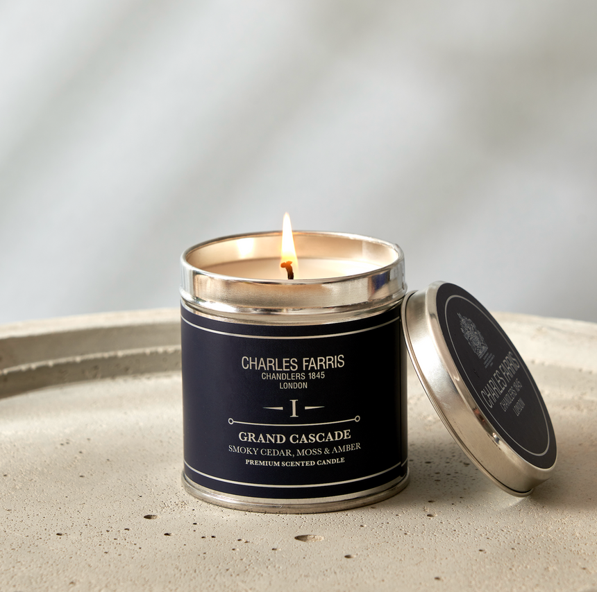 Charles Farris Grand Cascade Scented Tin Candle, Smoky Cedar, Moss and Amber