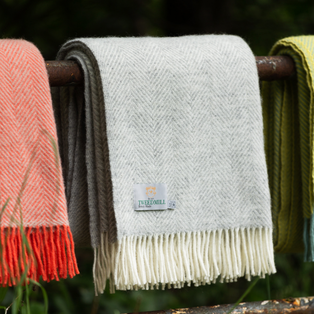Tweedmill Fishbone Pure New Wool Throw, Silver Grey