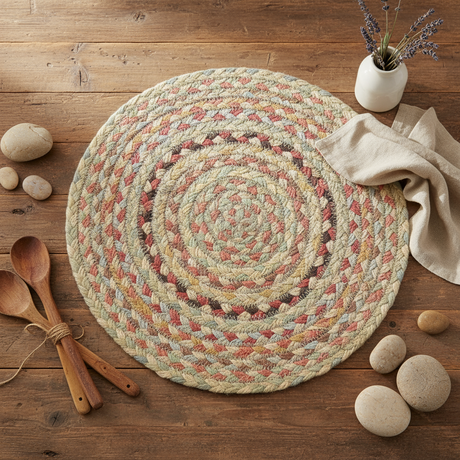Round braided rug with multicolor pattern on a white background