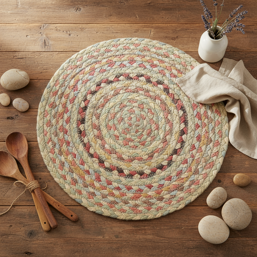 Round braided rug with multicolor pattern on a white background