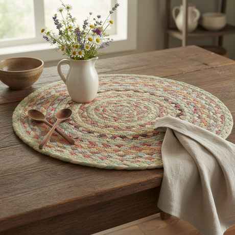 Round braided rug with multicolor pattern on a white background