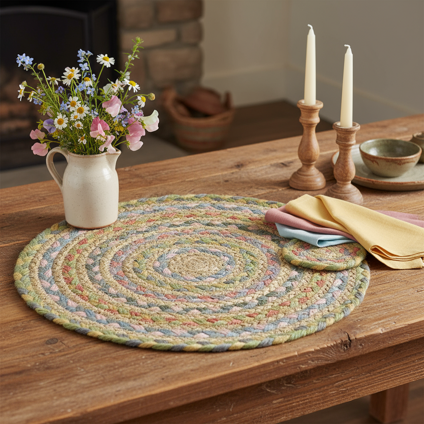 Round braided rug with multicolor pattern on a white background