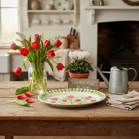 Decorative plate with red tulip design on a white background