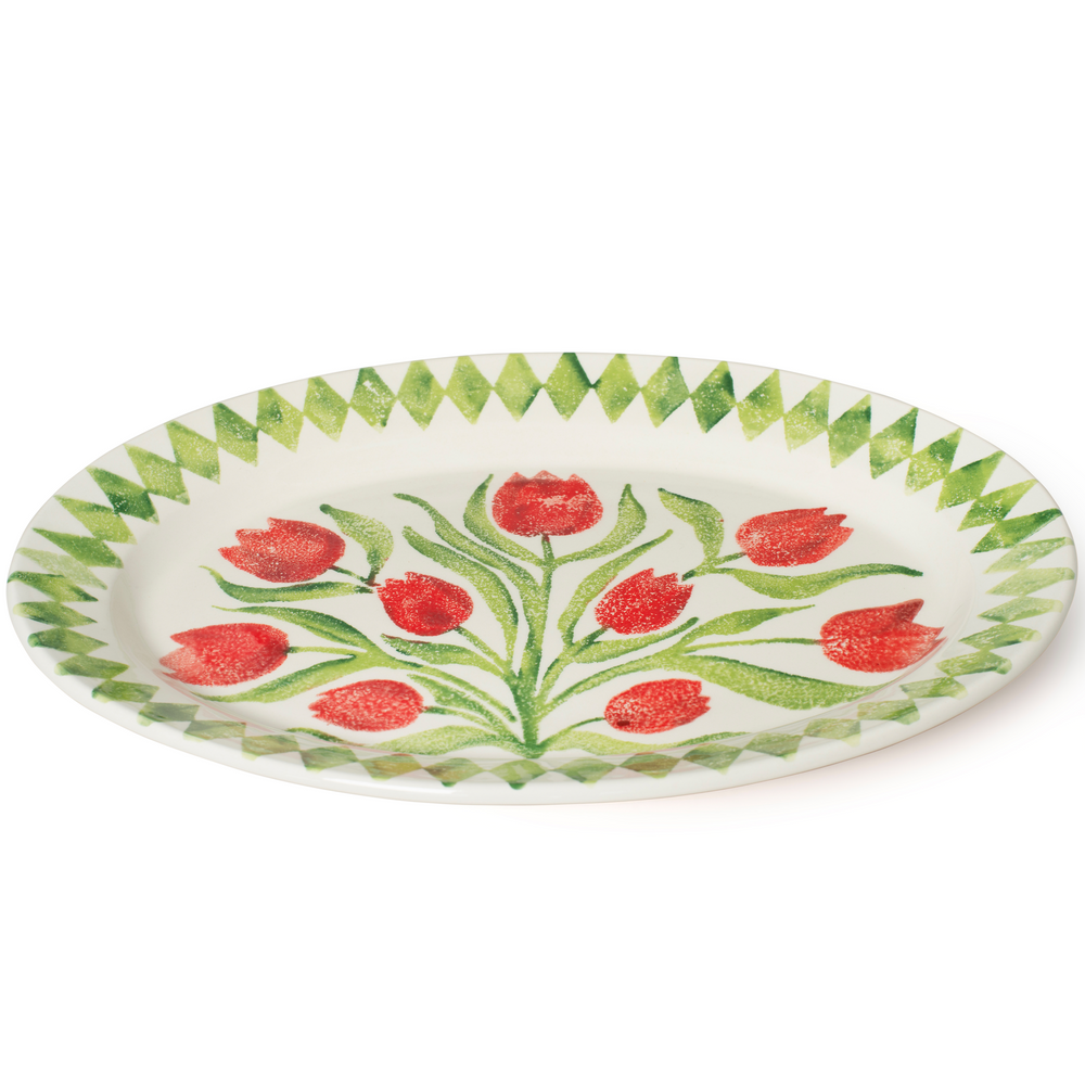 Bliss Home Red Tulip Rimmed Oval Serving Platter