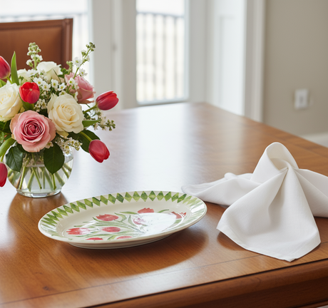 Oval ceramic plate with red tulip design on a white background