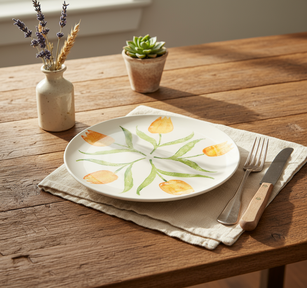 Round ceramic plate with yellow tulip design on a white background