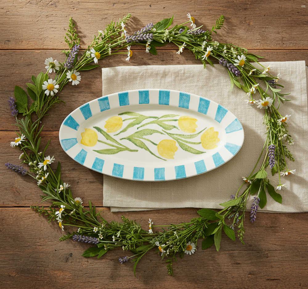 Decorative plate with tulip design and blue stripes on a white background