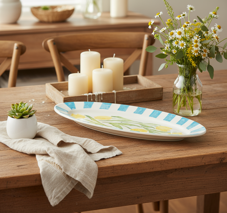 Decorative plate with floral design and blue stripes on a white background