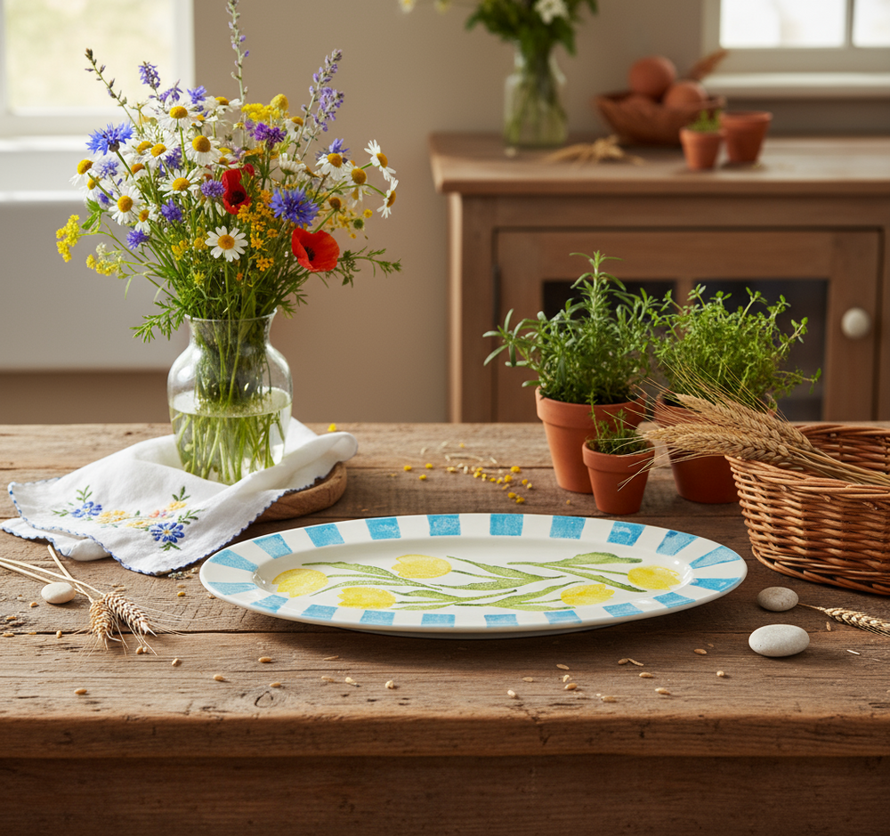 Decorative plate with yellow tulips and blue stripes on a white background