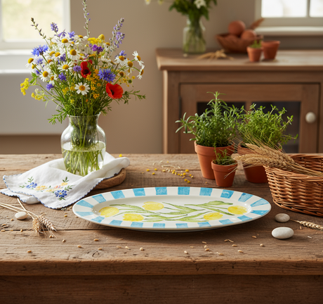 Decorative plate with yellow tulips and blue stripes on a white background