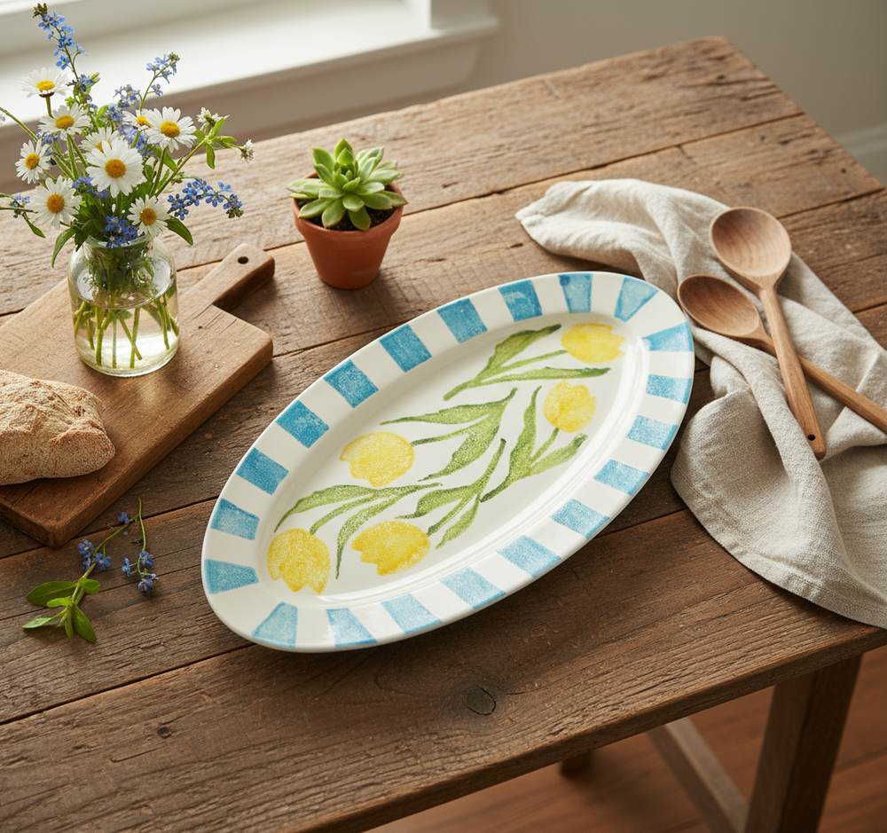 Decorative plate with yellow tulips and blue stripes on a white background