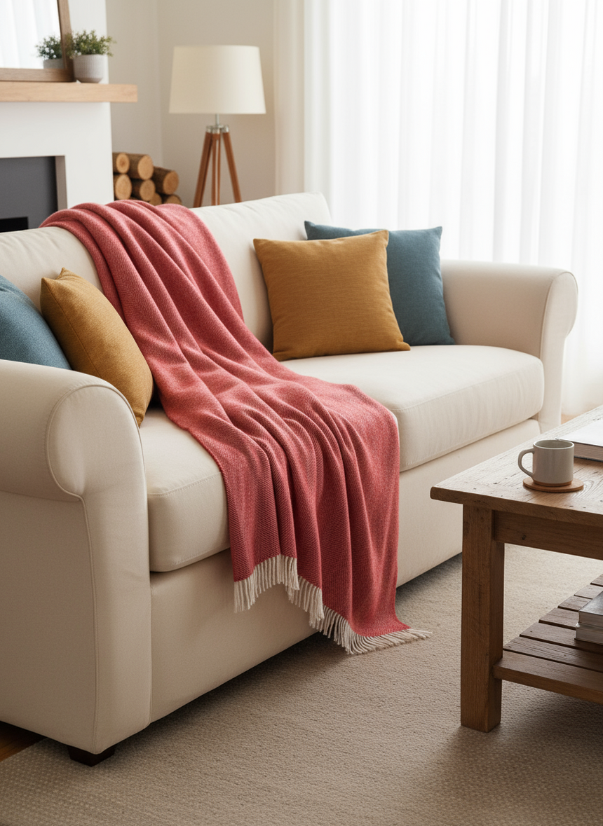 Red blanket with white fringe on a beige background