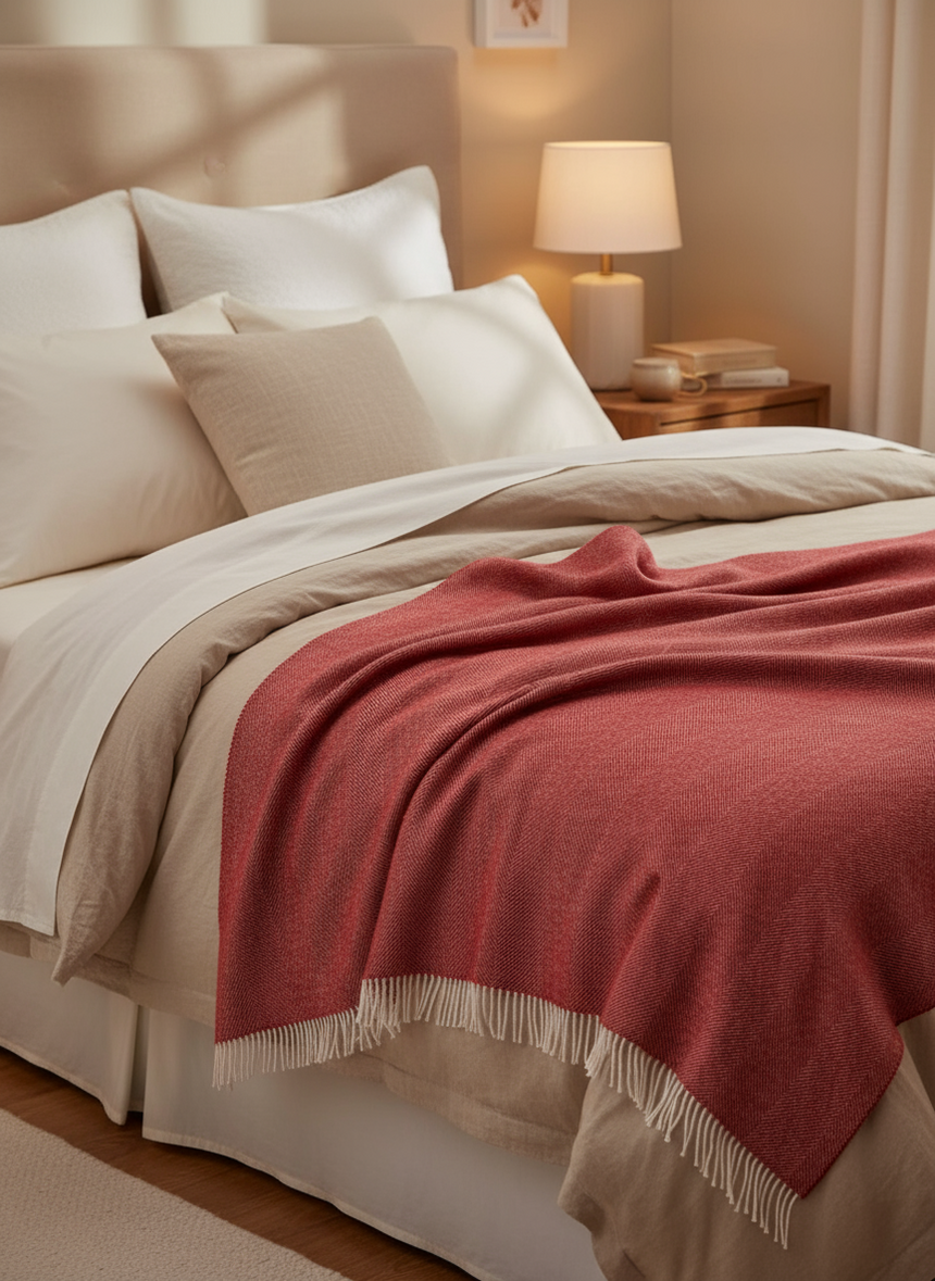 Red blanket with white fringe on a beige background