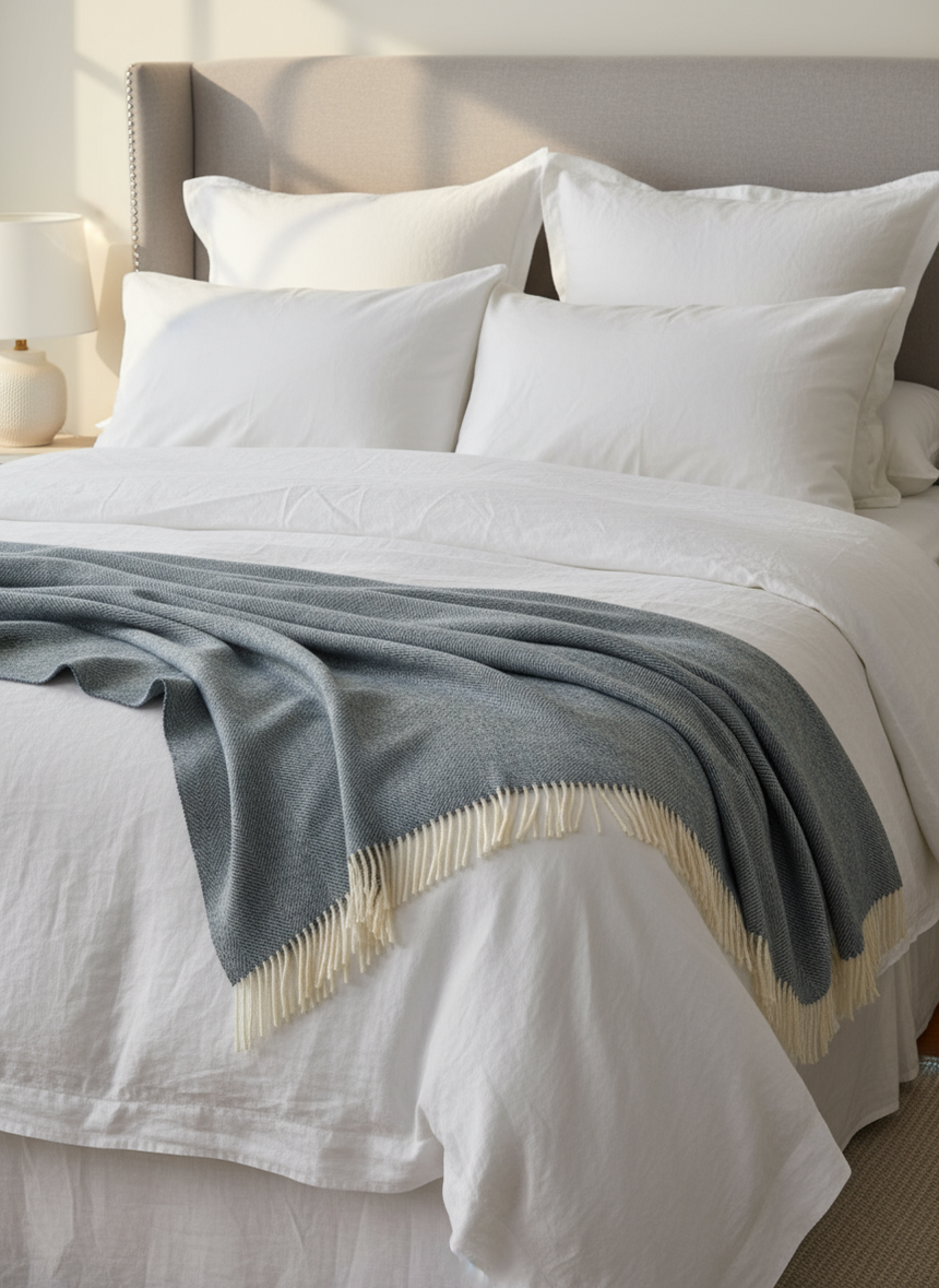 teal blanket with white fringes draped over a beige surface