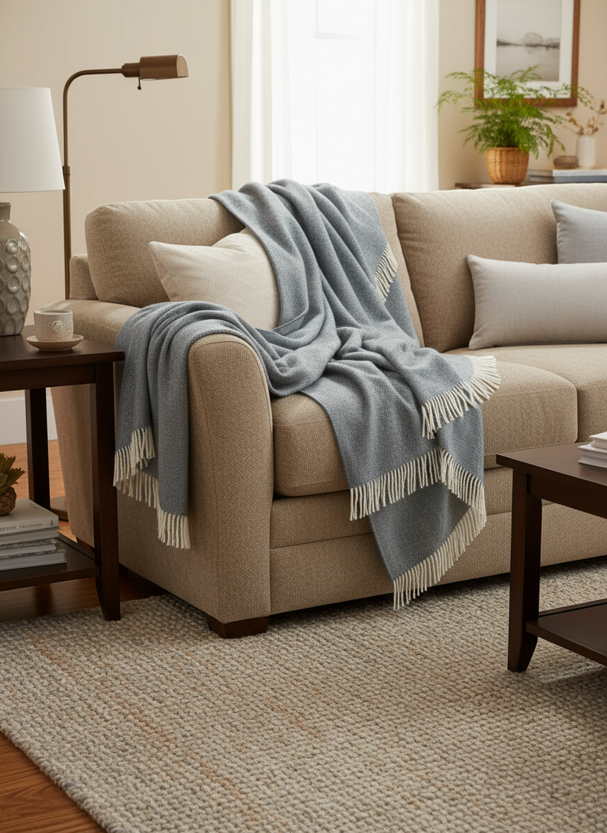 teal blanket with white fringes draped over a beige surface