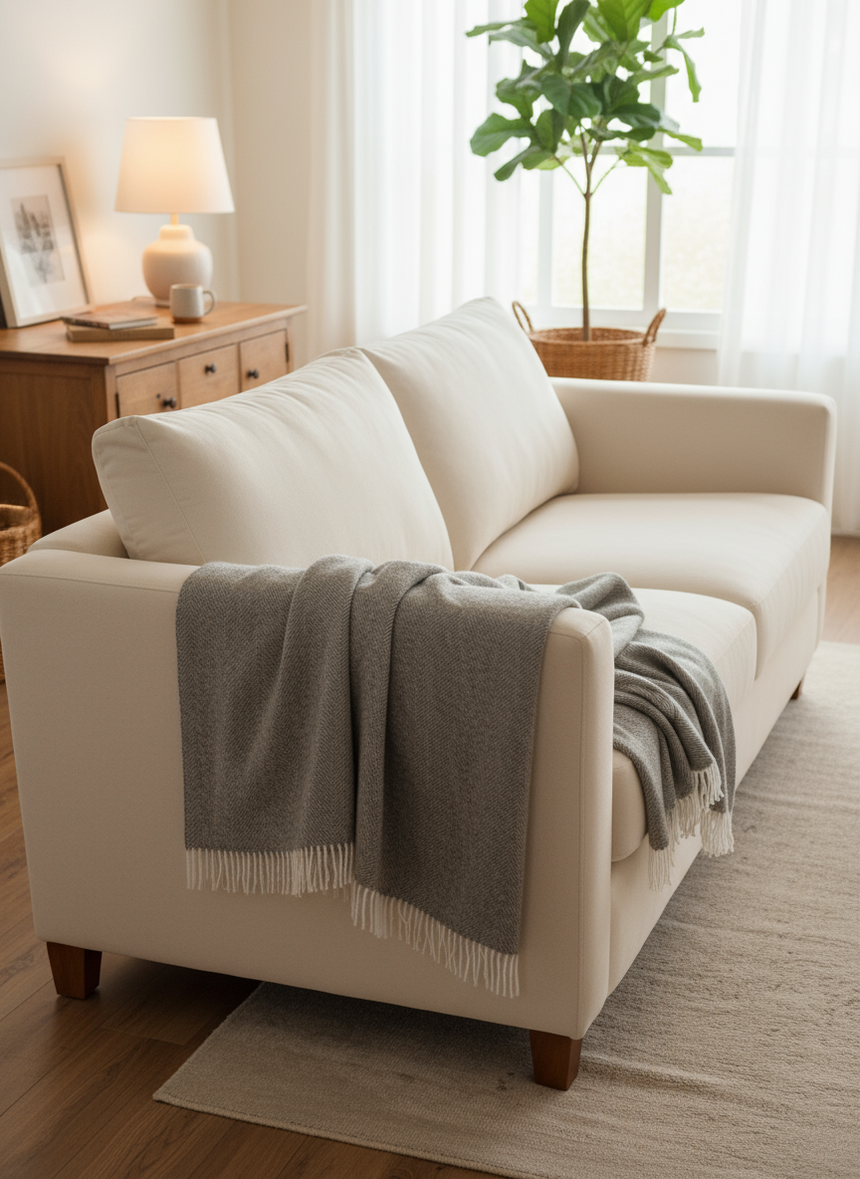 Gray blanket draped over a chair against a beige wall