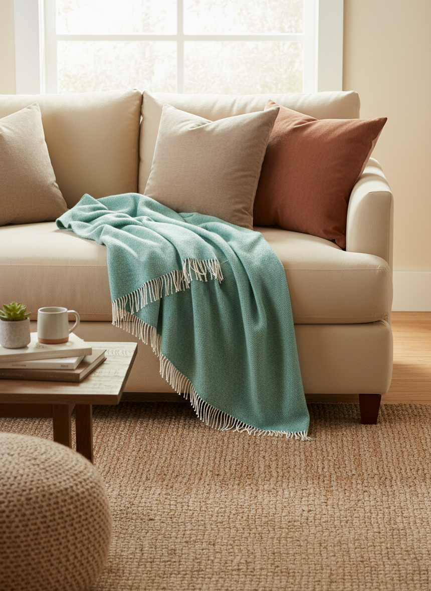 Teal throw blanket with white fringe on a light beige background