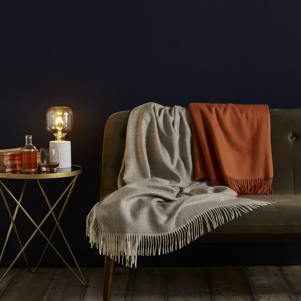 Bronte By Moon Herringbone Pure New Wool Throw, Vintage Grey