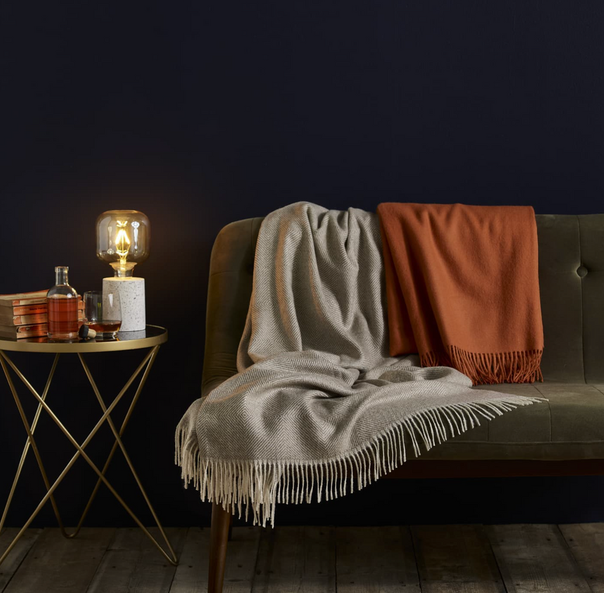 Bronte By Moon Herringbone Pure New Wool Throw, Vintage Grey