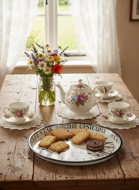 Round serving tray with humorous text design on a white background