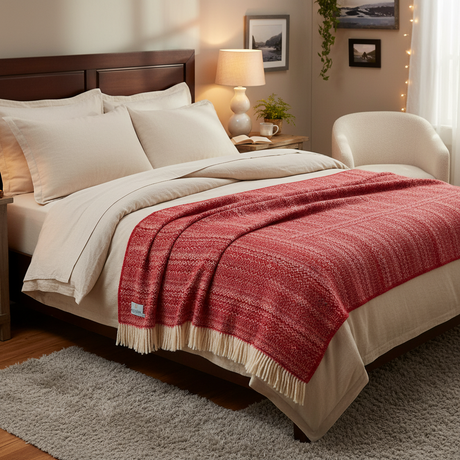 Red and white patterned blanket with a brand label on a white background