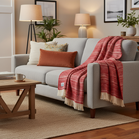 Red and white patterned blanket with a brand label on a white background
