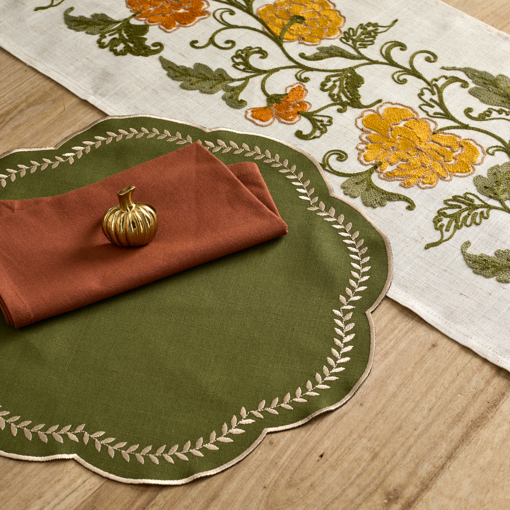 Walton & Co Scalloped Embroidered Leaf Placemat, Green