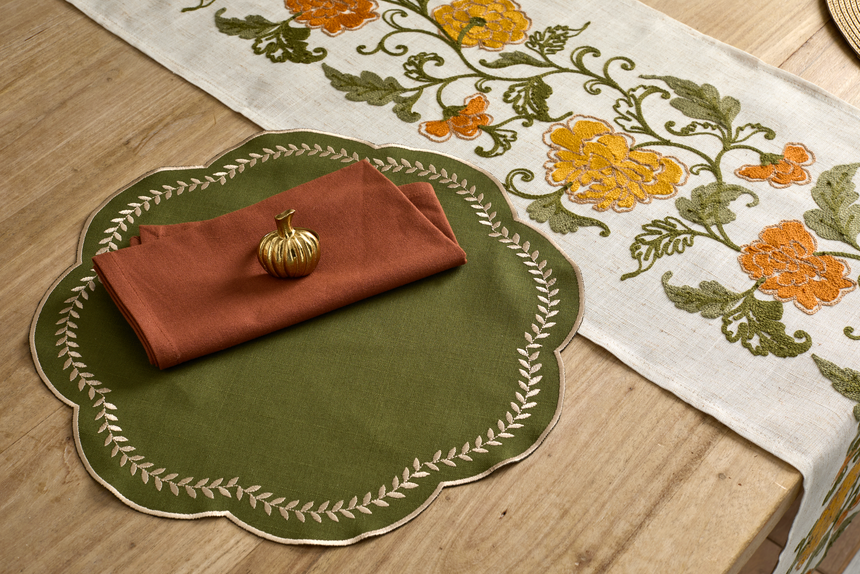 Walton & Co Scalloped Embroidered Leaf Placemat, Green